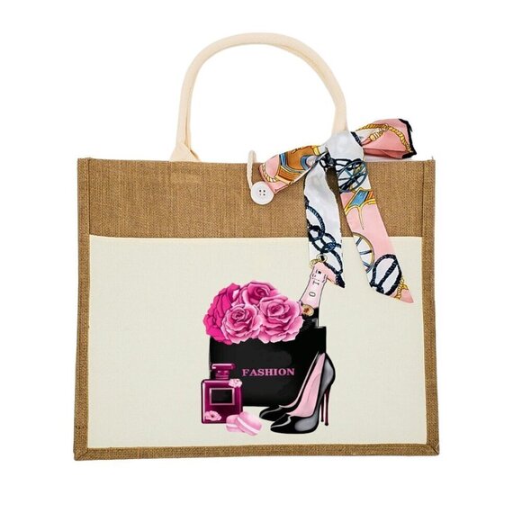 Custom Canvas Tote Bag, Large Size - Pink Girly Theme, Cream Tote - Picture 1 of 14